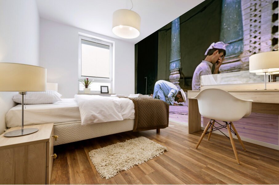 Men pray in the mosque in Chitral during afternoon prayer Mural print