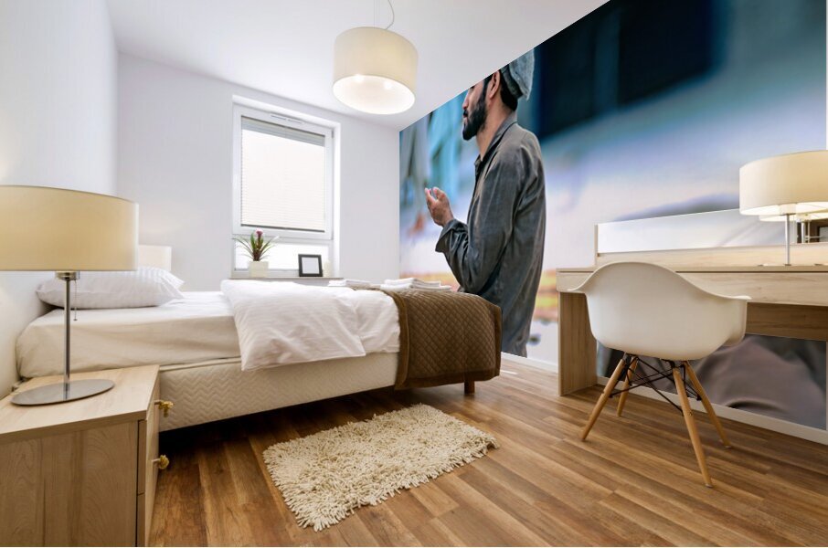 Prayers in the mosque of Chitral Pakistan at sunset Mural print