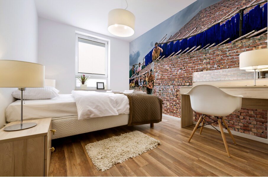 Workers rest during break time at a construction site in Lahore Mural print