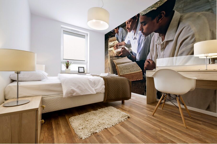 Students study in Quranic school madrasa in Pakistan Mural print