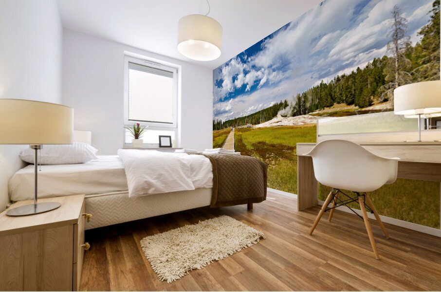 Visitors stroll the Upper Geyser Basin boardwalk Mural print