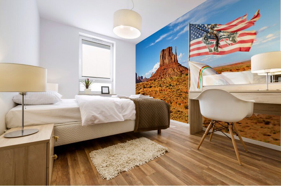Monument Valley displays flags under blue sky in USA Mural print