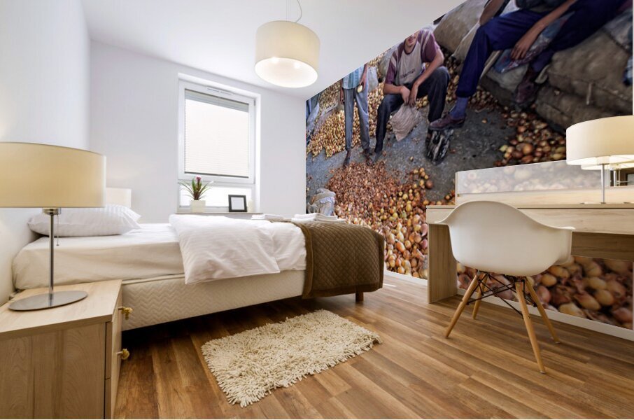 Young vendors sell onions in a market in Khiva Uzbekistan Mural print