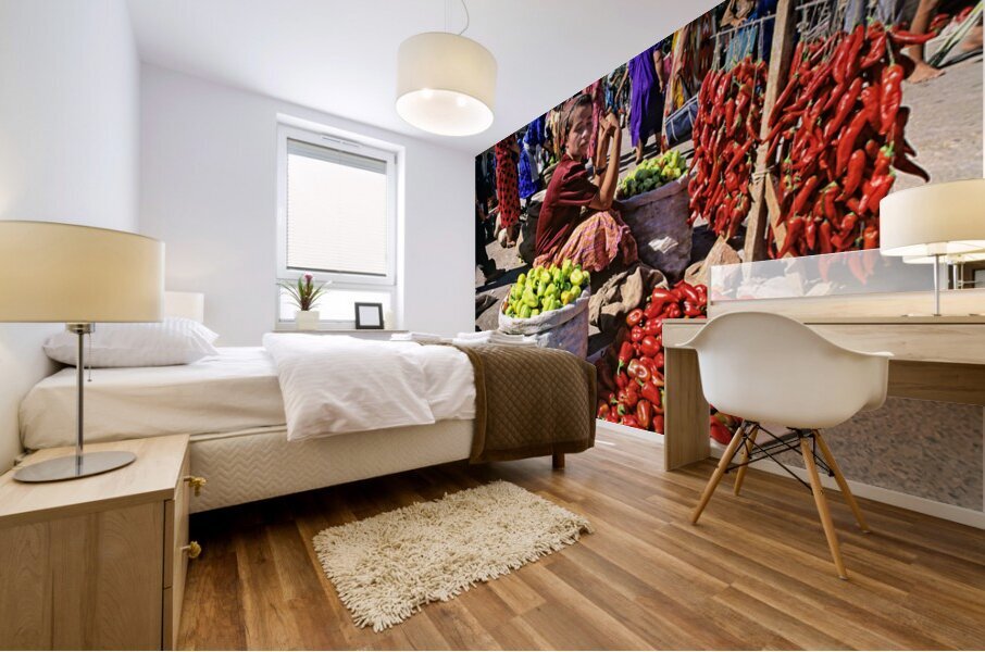 Market scene in Khiva with local produce and vendors Mural print