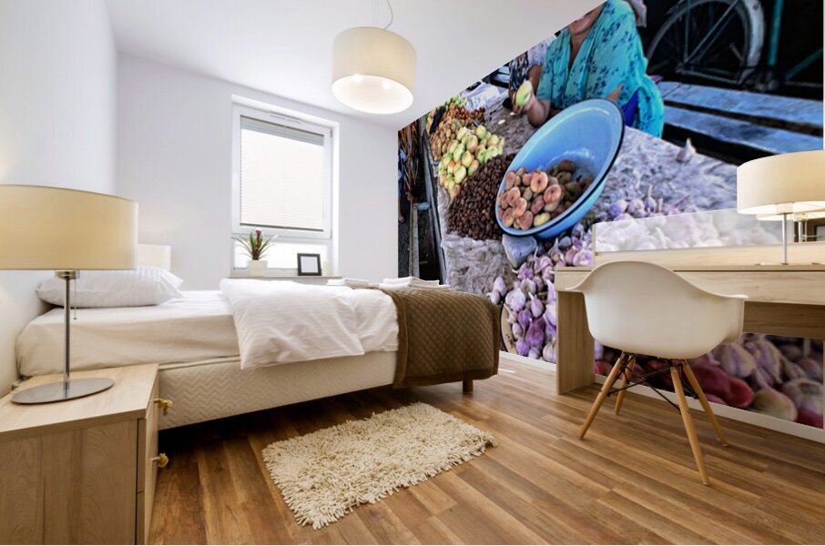 Market scene in Khiva Uzbekistan with fresh produce and people Mural print