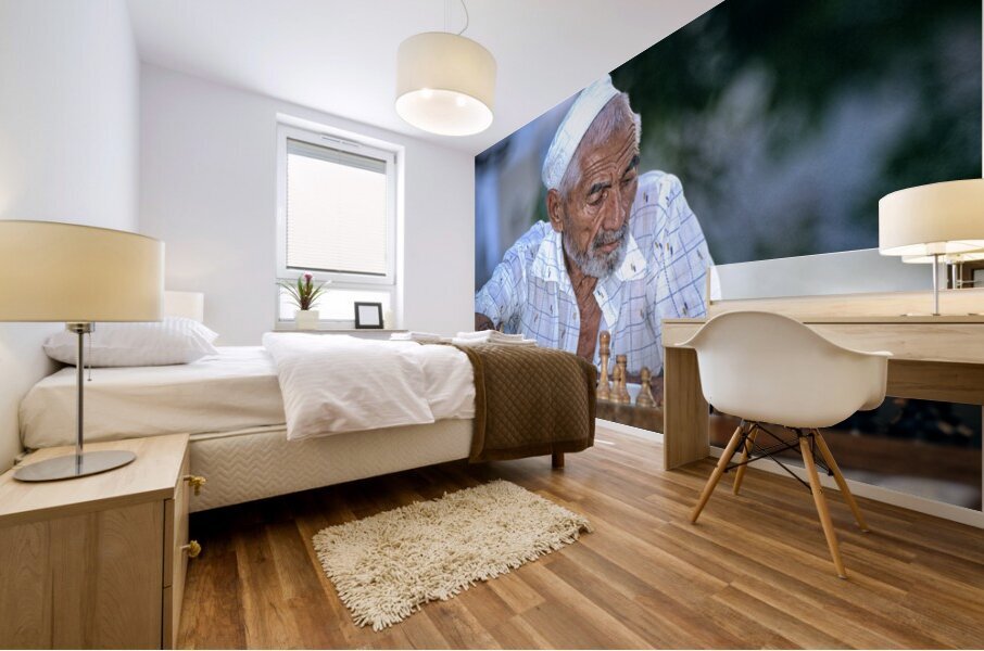 Elderly man plays chess in Bukhara Uzbekistan Mural print