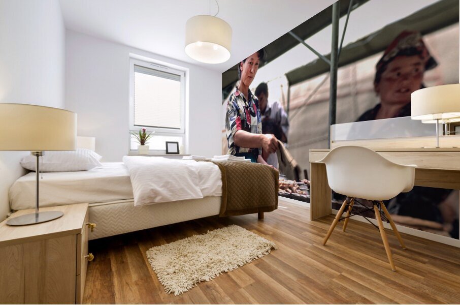 Street food vendors serve meat skewers in Samarkand Uzbekistan Mural print