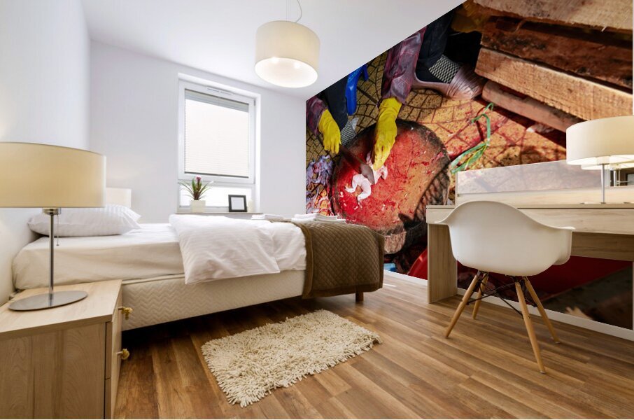 Fresh fish preparation at market in Hanoi during midday Mural print