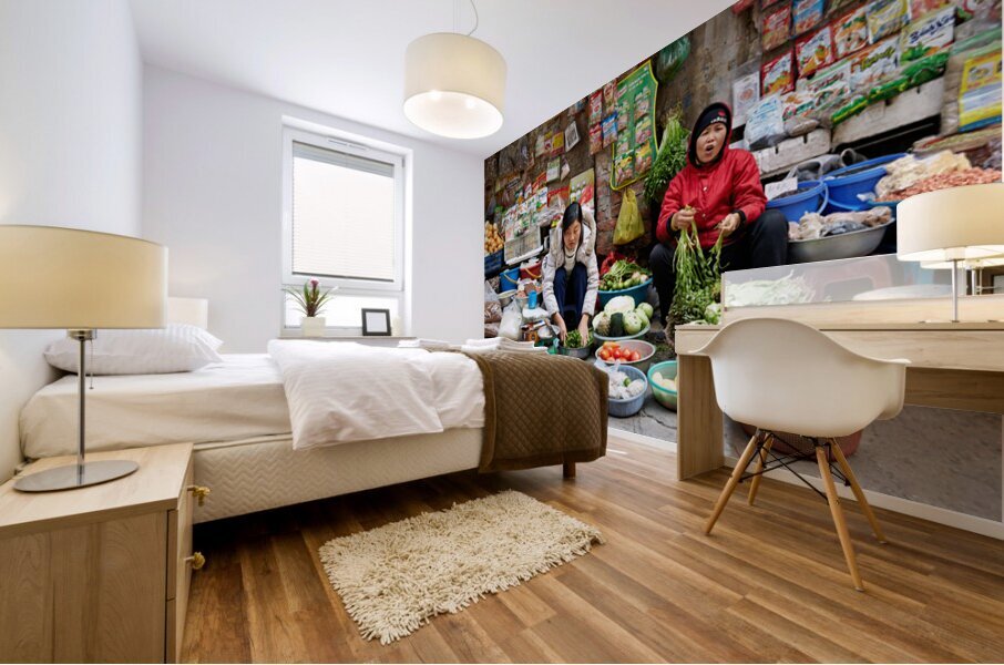 Women selling fresh vegetables in Hanoi market Mural print