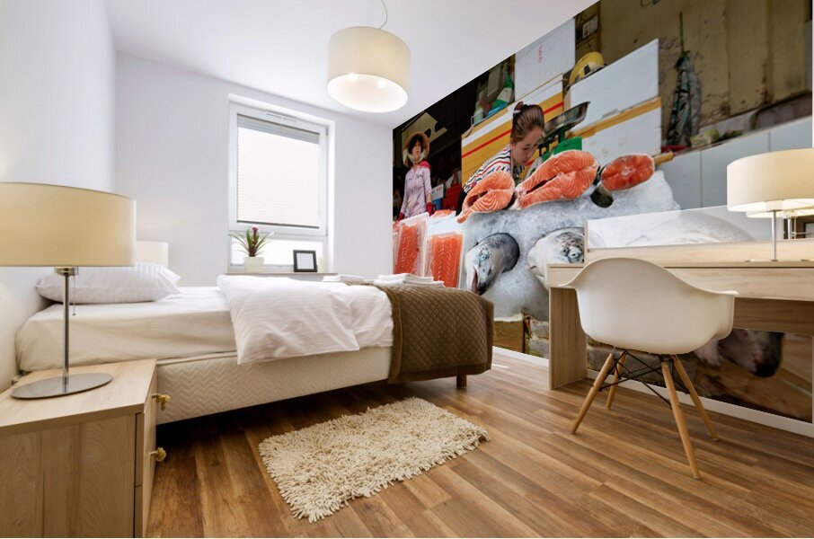 Market scene in Ho Chi Minh with fresh seafood for sale Mural print