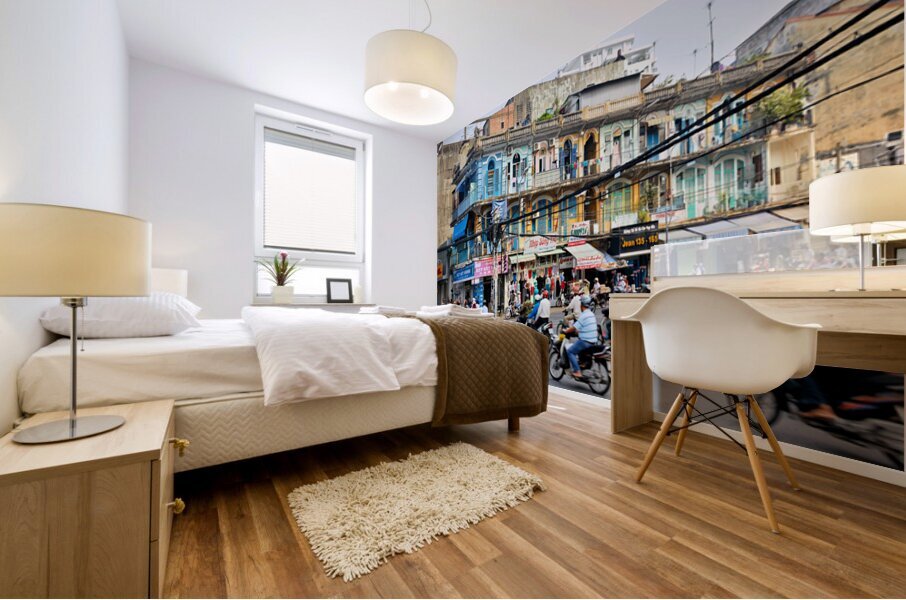 Busy street scene in Ho Chi Minh City with motorbikes and shops Mural print