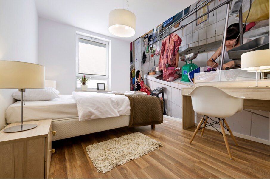 Market scene in Ho Chi Minh City with meat vendor and customer Mural print