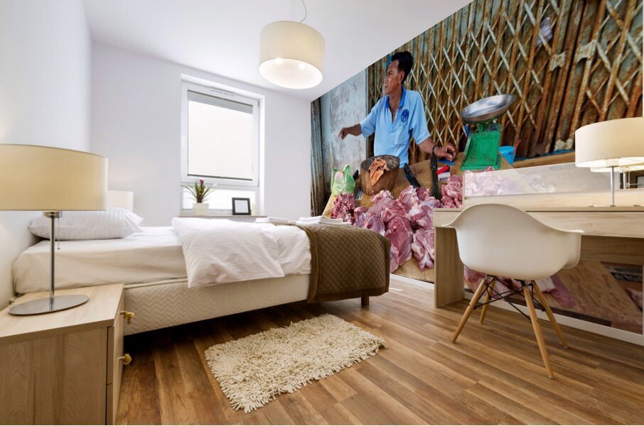 Local butcher selling meat in Phu Quoc market area Mural print