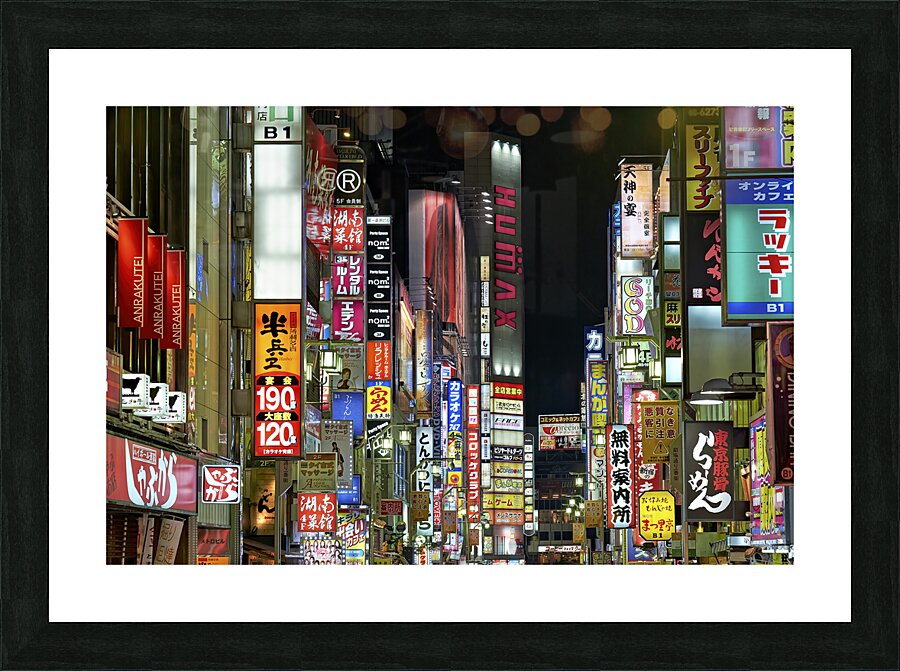 Japan. Tokyo. Neon lights in Shinjuku district at night Picture Frame print