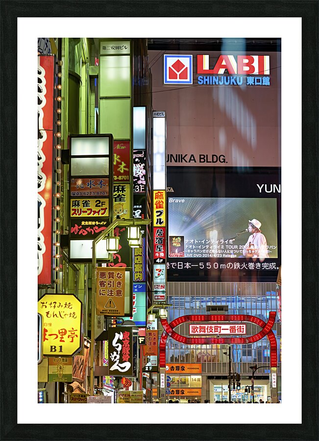 Japan. Tokyo. Neon lights in Shinjuku district at night Picture Frame print