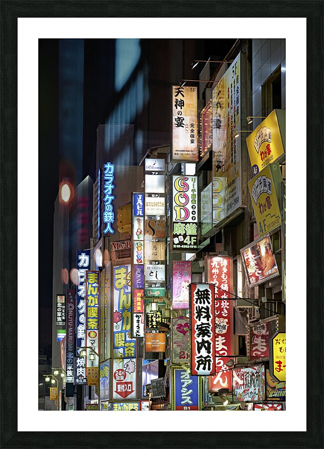 Japan. Tokyo. Neon lights in Shinjuku district at night Picture Frame print