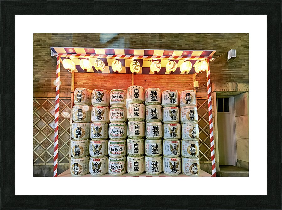 Japan. Kyoto. Sake barrels at Gion district Picture Frame print