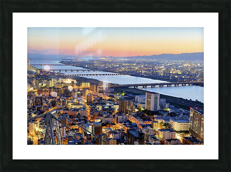 Japan. Kansai. Osaka. Aerial view of Yodo river at sunset Picture Frame print