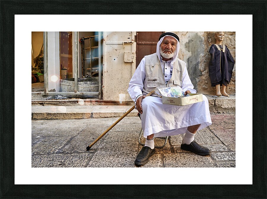 Jerusalem Israel. Portrait of an old arab beggar man in the old city Picture Frame print