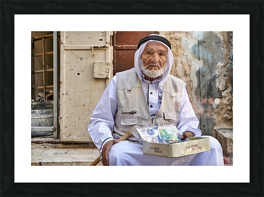 Jerusalem Israel. Portrait of an old arab beggar man in the old city Picture Frame print