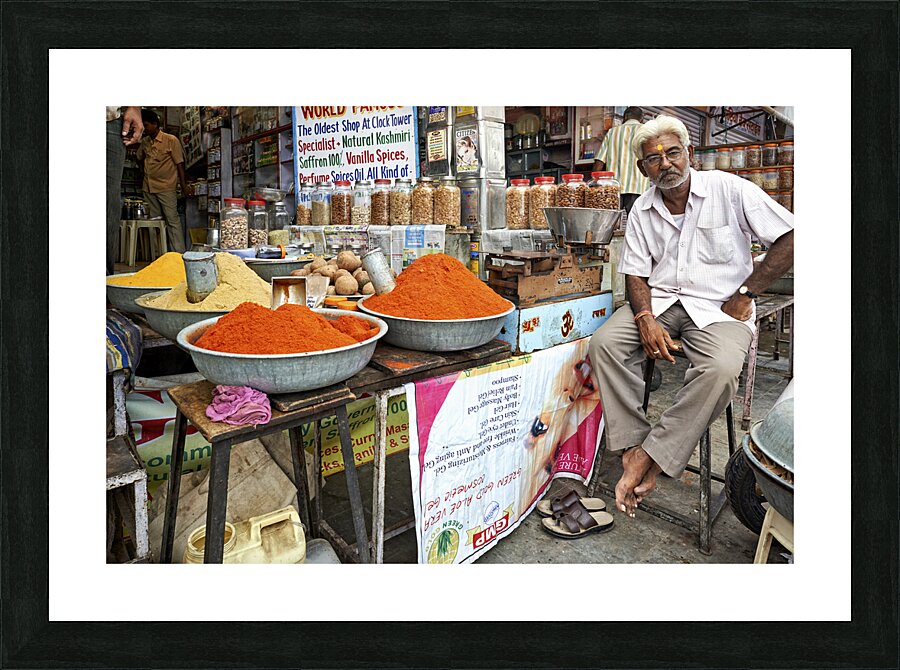 India Rajasthan Jodhpur. Selling spices at Sardar Market Girdikot Picture Frame print