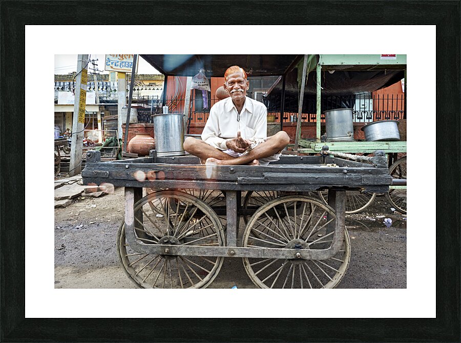 India Rajasthan Bundi. Portrait of an old man seated on a carty Picture Frame print