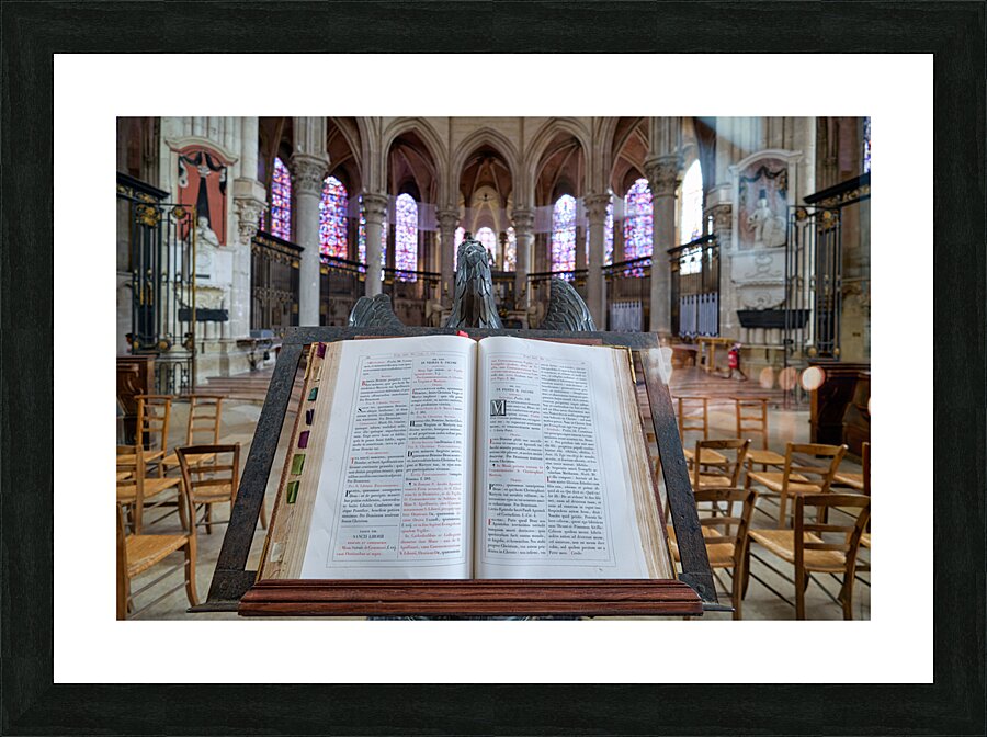 Auxerre Cathedral Saint Etienne. Burgundy France. The Holy Bible at the Altar Picture Frame print
