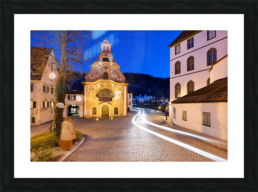 Germany Bavaria Romantic Road. Fussen. Heilig-Geist-Spitalkirche Holy Spirit Hospital Church and its rococo painted facade Picture Frame print