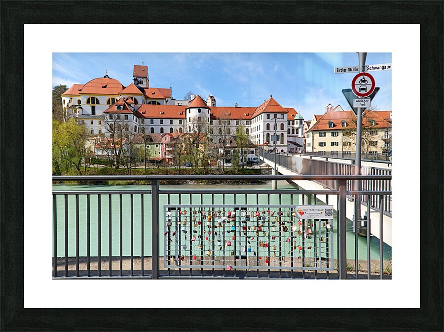 Germany Bavaria Romantic Road. Fussen. St. Mang Abbey  and museum on river Lech. Lovers padlocks Picture Frame print
