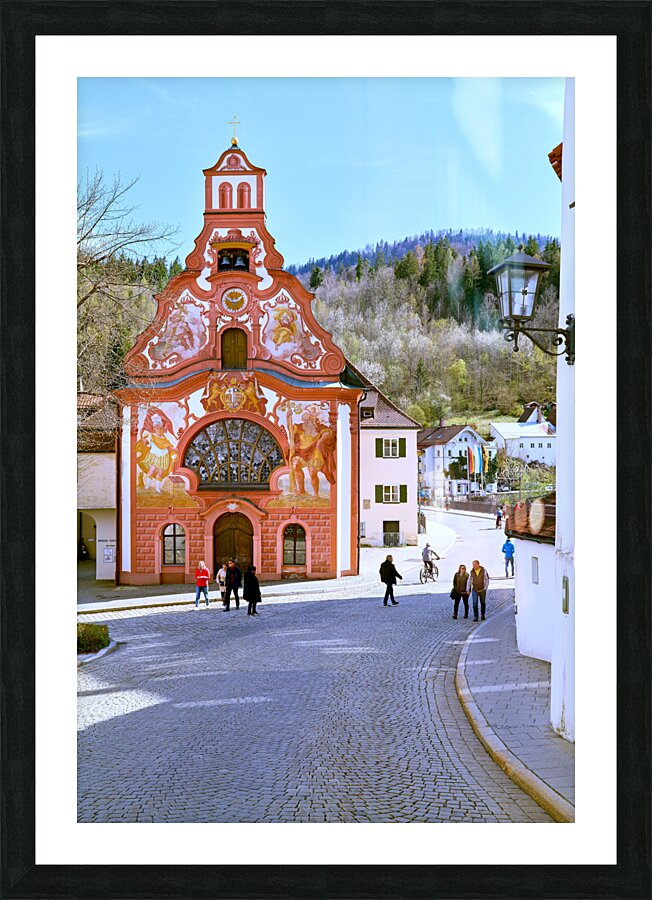 Germany Bavaria Romantic Road. Fussen. Heilig-Geist-Spitalkirche Holy Spirit Hospital Church and its rococo painted facade Picture Frame print