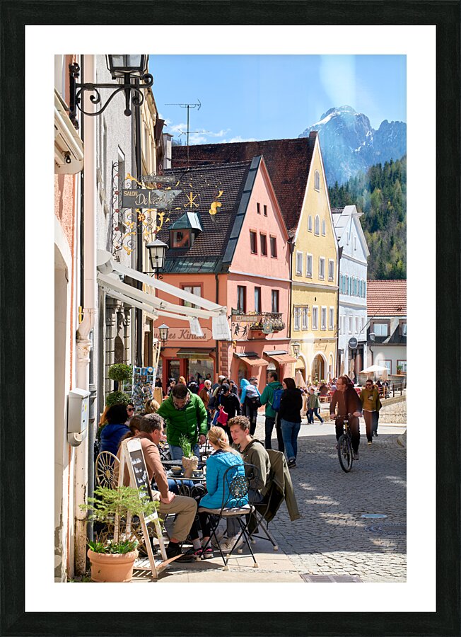 Germany Bavaria Romantic Road. Fussen. Outdoor restaurants and cafe Picture Frame print