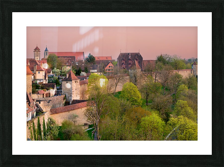 Germany Bavaria Romantic Road. Rothenburg ob der Tauber. Fortified walls at dusk Picture Frame print