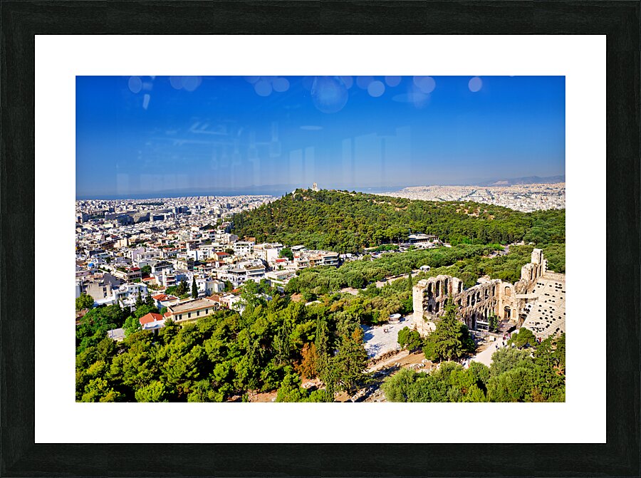 Athens Greece. From the Acropolis view over the city and the Odeon of Herod the Atticus theatre Herodeon Picture Frame print