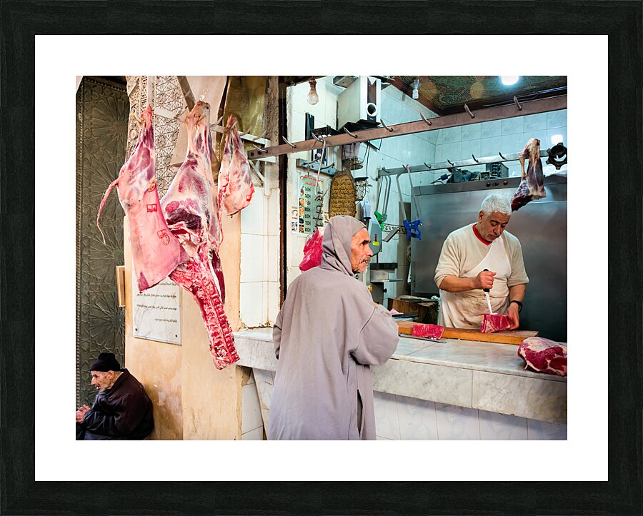 Morocco Fez. The butcher in the old souk in the Medina Picture Frame print