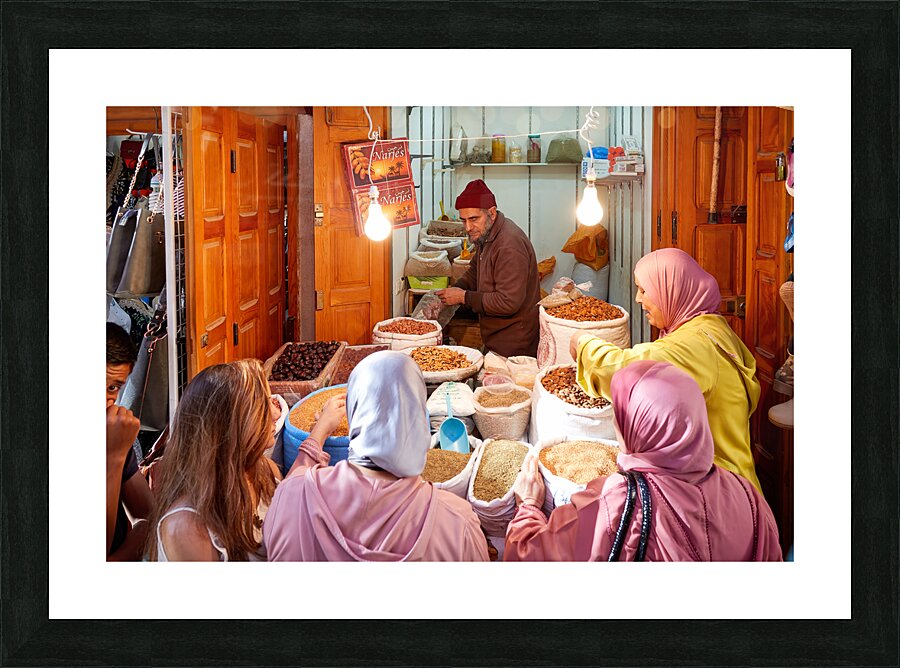 Morocco Fez. Sale of dried fruit in the Medina Picture Frame print