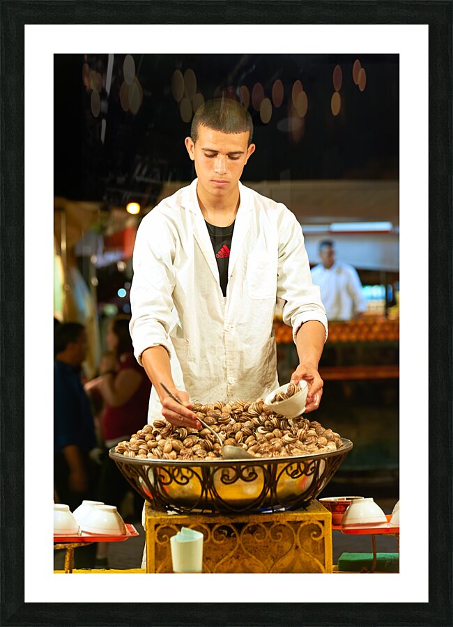 Morocco Marrakesh. Snails for dinner in the street Restaurants in Djema el Fna square Picture Frame print