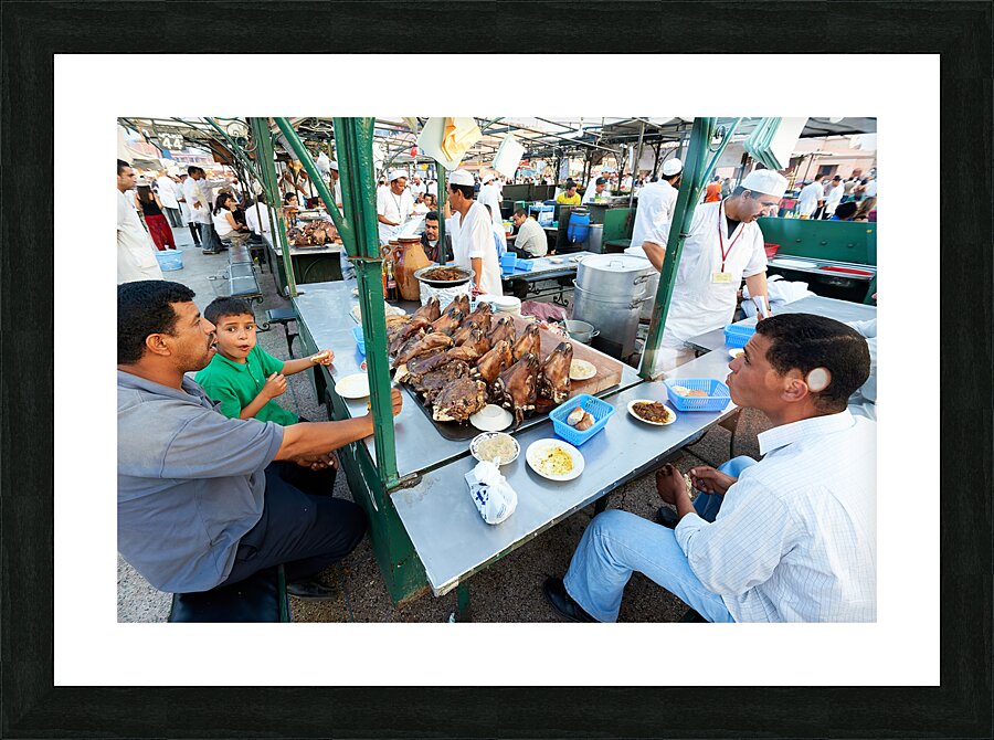 Morocco Marrakesh. Cooked goat heads ready to be served in Djema el Fna square Picture Frame print