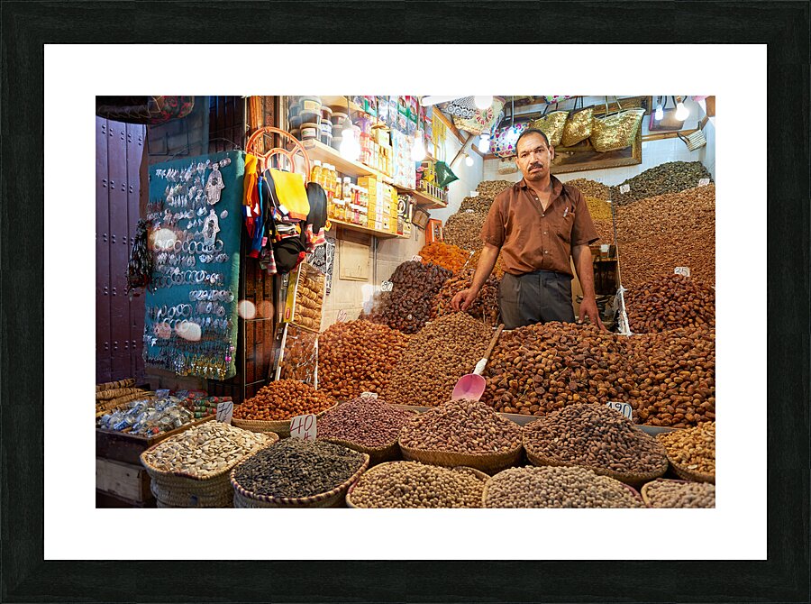 Morocco Marrakesh. Sale of dried fruit in the souk Picture Frame print