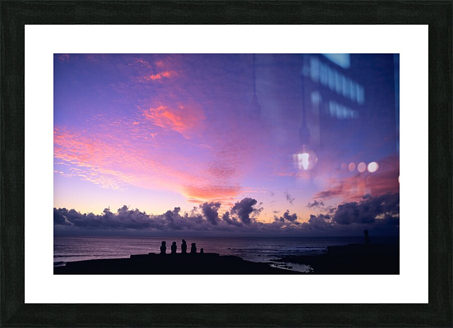 Moai statues at sunset. Easter Island Chile. Picture Frame print