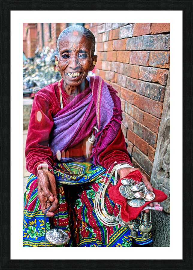 Nepal. Kathmandu. Old woman selling jewels Picture Frame print