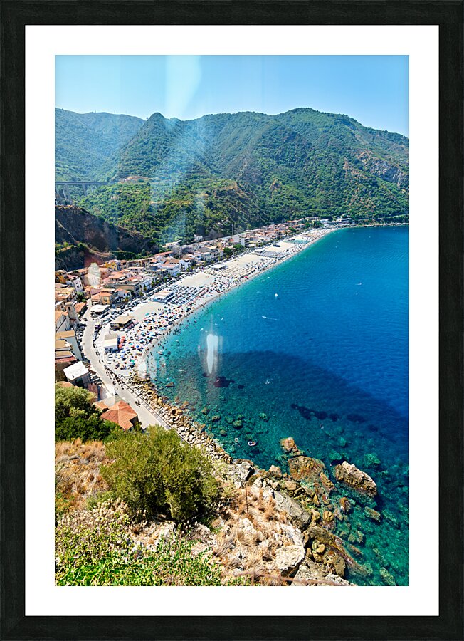 The city of Scilla Calabria Italy. Leisure time at Marina Grande beach in summer Picture Frame print