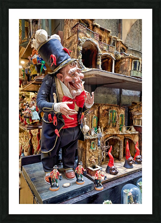 Naples Campania Italy. Statues figurines of the Christmas Nativity Scene in the artisan workshops of Via San Gregorio Armeno Picture Frame print