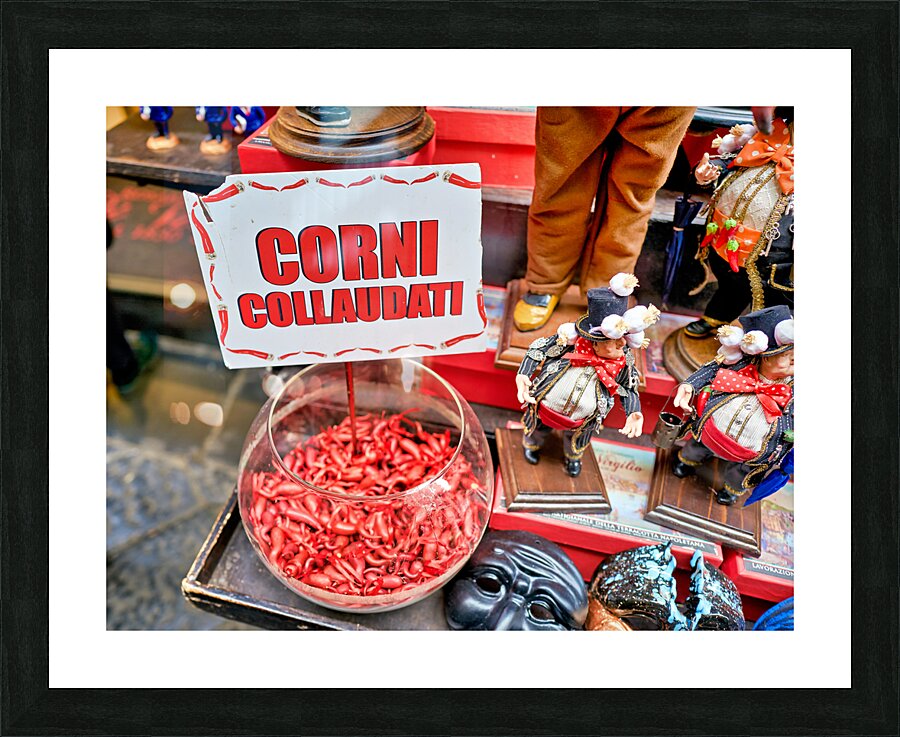 Naples Campania Italy. Lucky horns on sale in Spaccanapoli downtown quarter Picture Frame print