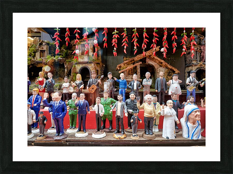 Naples Campania Italy. Statues figurines of the Christmas Nativity Scene in the artisan workshops of Via San Gregorio Armeno Picture Frame print