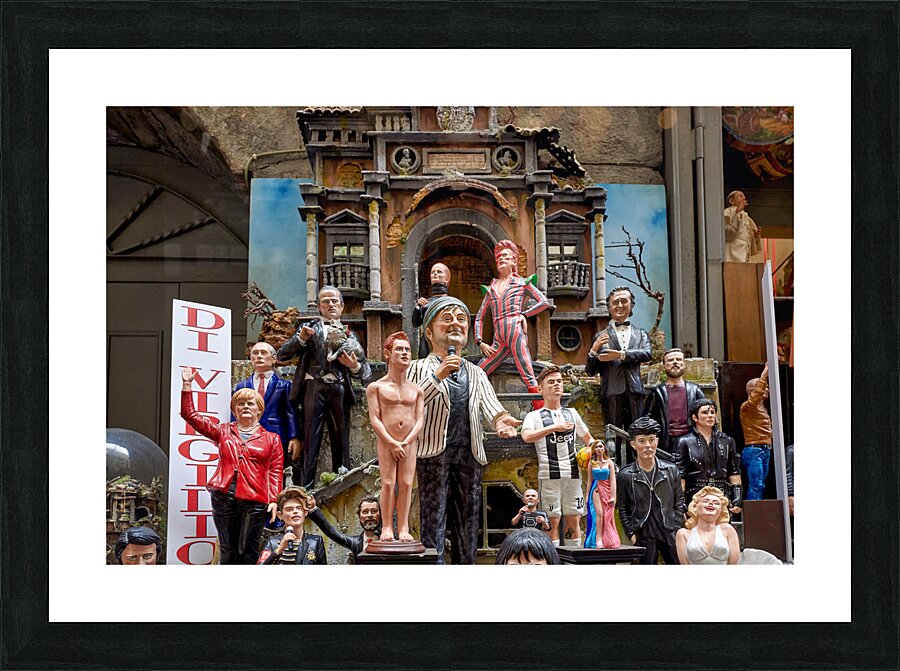 Naples Campania Italy. Statues figurines of the Christmas Nativity Scene in the artisan workshops of Via San Gregorio Armeno Picture Frame print