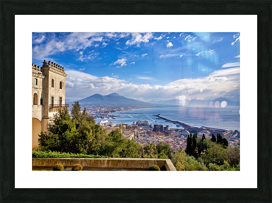 Naples Campania Italy. View of the gulf of Naples and Mount Vesuvius from the Certosa di San Martino Charterhouse of St. Martin a former monastery complex now a museum in Naples southern Italy. It is the most visible landmark of the city perched atop the  Picture Frame print