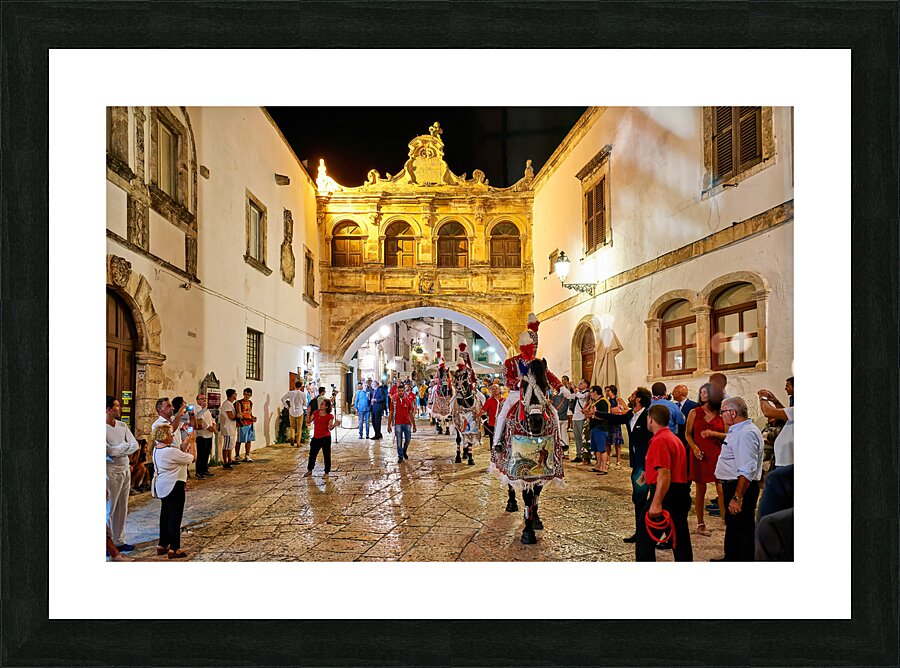 Apulia Puglia Italy. Ostuni. Festival of Saint Orontius. The cavalcata a procession of horses in the streets of the town Picture Frame print