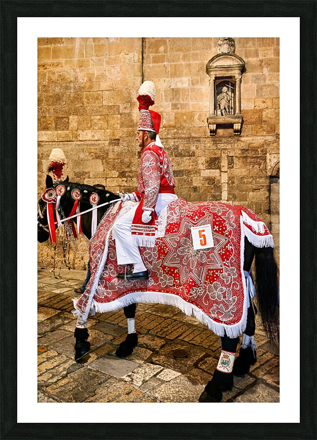 Apulia Puglia Italy. Ostuni. Festival of Saint Orontius. The cavalcata a procession of horses in the streets of the town Picture Frame print