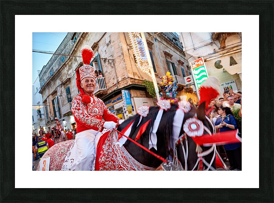 Apulia Puglia Italy. Ostuni. Festival of Saint Orontius. The cavalcata a procession of horses in the streets of the town Picture Frame print