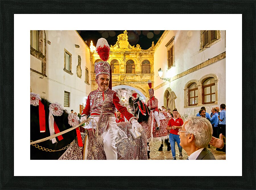 Apulia Puglia Italy. Ostuni. Festival of Saint Orontius. The cavalcata a procession of horses in the streets of the town Picture Frame print